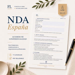 May include: A legal document template titled NDA España, an Acuerdo de Confidencialidad for professional use. The document includes sections for party identification, purpose, and confidentiality definitions, with a black pen placed beside it.