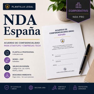 Puede incluir: Un documento titulado "NDA España" con el texto "Acuerdo de Confidencialidad" y "Para Startups y Empresas Tech." Un bolígrafo negro descansa sobre el documento. El documento incluye un icono de candado y el texto "Plantilla Legal."