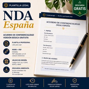 Puede incluir: Un documento titulado "NDA España" con el texto "Acuerdo de Confidencialidad" y "Descarga Gratis". Un bolígrafo negro y dorado descansa sobre el documento. El documento es una plantilla legal para España.