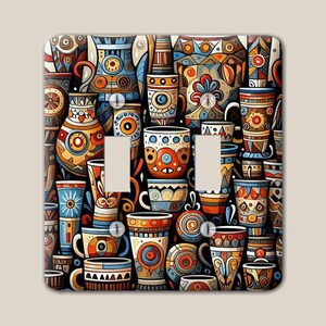 Abstract Aztec Pottery Mugs Colorful Pattern Decorative Metal Switch Plate Cover, Oversized Steel Wallplate