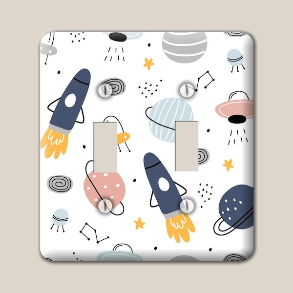 Cute Outer Space Rocket Ship Nursery Pattern Decorative Metal Switch Plate Cover, Oversized Steel Wallplate
