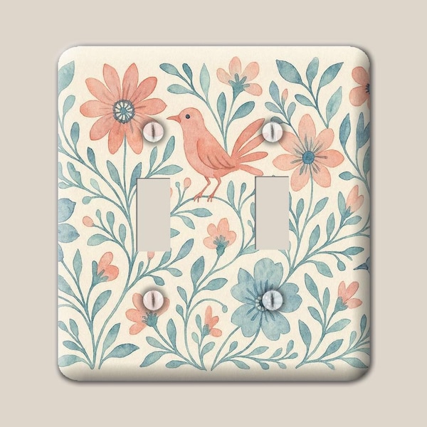 Songbird Garden Floral Motif Peach Blue Decorative Metal Switch Plate Cover, Oversized Steel Wallplate