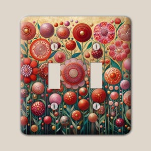 Mosaic Circular Garden Meadow Floral Red Pink Gold Decorative Metal Switch Plate Cover, Oversized Steel Wallplate