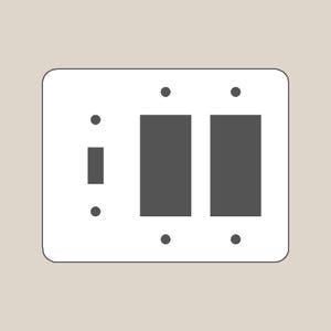 May include: A white rectangular wall plate featuring a combination configuration with one small toggle switch opening on the left and two larger rectangular rocker switch openings on the right, including six small circular screw holes for mounting.
