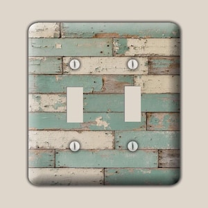 Mint Green Chipped Paint Wood Planks Decorative Metal Switch Plate Cover, Oversized Steel Wallplate