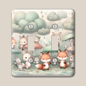 Pastel Woodland Animal Rain Cloud Decorative Metal Switch Plate Cover, Oversized Steel Wallplate