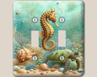 Placa de interruptor decorativa de metal con escena de playa, caballito de mar, tortuga marina y arrecife de coral, placa de pared de acero de gran tamaño