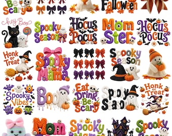 Halloween Faux Yarn PNG Bundle, Spooky Season Momster Ghost Boo Coquette Bow, Crochet Knit Halloween Shirt Design, Kids Trick or Treat PNG