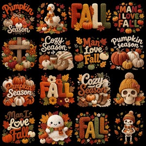 Può includere: Una collezione di grafiche a tema autunnale su sfondo nero. I disegni includono zucche, foglie e testo come "Pumpkin Season", "Cozy Season" e "Man I Love Fall". La tavolozza dei colori presenta arancione, marrone e crema.