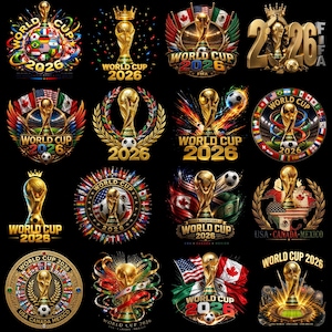 May include: A collection of sixteen distinct graphic designs featuring the FIFA World Cup 2026 trophy, gold lettering, national flags of the USA, Canada, and Mexico, soccer balls, and stadium imagery set against a solid black background.