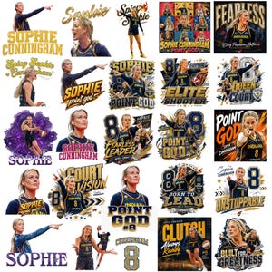 May include: A collection of digital graphic designs featuring basketball player Sophie Cunningham in her Indiana jersey, number 8. The images include text such as Point God, Fearless, Court Vision, and Unstoppable, rendered in gold, blue, and white.