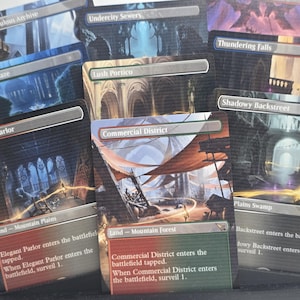 May include: A collection of rectangular trading cards featuring fantasy landscape illustrations. Each card displays a unique location name such as Meticulous Archive, Undercity Sewers, Hedge Maze, Lush Portico, Thundering Falls, Elegant Parlor, Commercial District, and Shadowy Backstreet.