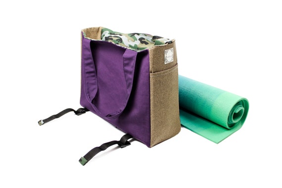 Items similar to Yoga Tote Bag, Gym Bag, Yoga Mat Bag, Purple, Tan and ...