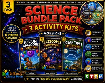 Science Activity Kit Bundle for Kids | 3-Pack Printable STEM Activities | Physics, Space & Earth Worksheets Ages 4–8