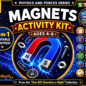 May include: An educational "Magnets Activity Kit" for ages 4-8, featuring a horseshoe magnet, paper clips, a compass, and a screw. The image shows a kit with printable activities, including coloring pages and a maze quest. The kit is part of the Physics and Forces series.