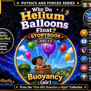 May include: A digital download storybook titled Why Do Helium Balloons Float? from the Physics and Forces series. The cover features a child in a wicker basket attached to a large purple balloon, surrounded by smaller colourful balloons in a landscape.