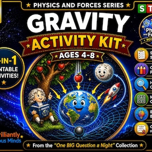 Peut inclure: Un kit d'activités Gravity coloré pour les enfants de 4 à 8 ans, faisant partie de la série Physics and Forces. Le kit comprend des activités imprimables, avec des illustrations d'un pommier, de la Terre, d'une fusée et de la lune.
