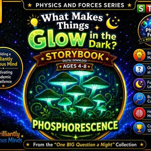 May include: A digital download storybook cover titled "What Makes Things Glow in the Dark?" featuring glowing green mushrooms. The cover is part of the Physics and Forces series for ages 4-8, with the text "Phosphorescence" at the bottom.