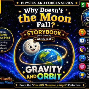 Może przedstawiać: Cyfrowa okładka książki z bajkami zatytułowana Why Doesn't the Moon Fall? Gravity and Orbit z serii Physics and Forces. Grafika przedstawia księżyc z kreskówki krążący wokół Ziemi na tle gwiazd, z tekstem dla dzieci w wieku 4-8 lat.