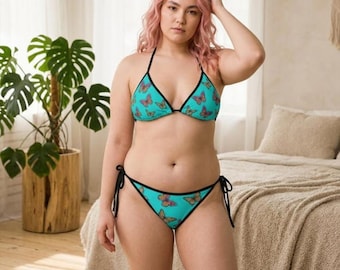 Set bikini a farfalla / Bikini turchese da donna con laccetti laterali / Costume da bagno bikini a Y / Trikini stile ragazza / Top bikini scintillante e slip bikini
