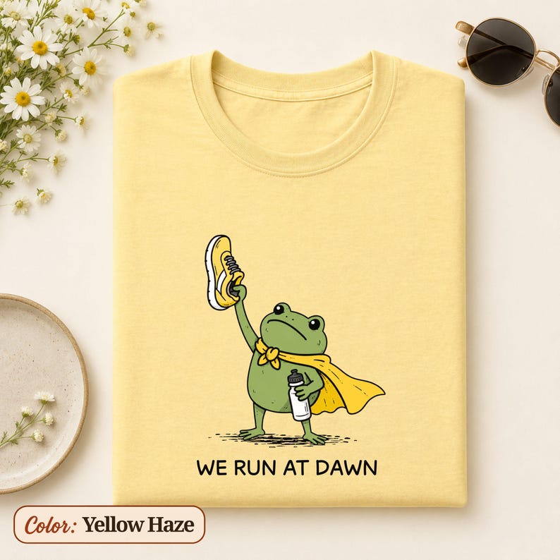 May include: A light yellow t-shirt featuring a green frog wearing a yellow cape, holding a yellow trainer in one hand and a white water bottle in the other. Below the illustration, the text reads WE RUN AT DAWN in black capital letters.