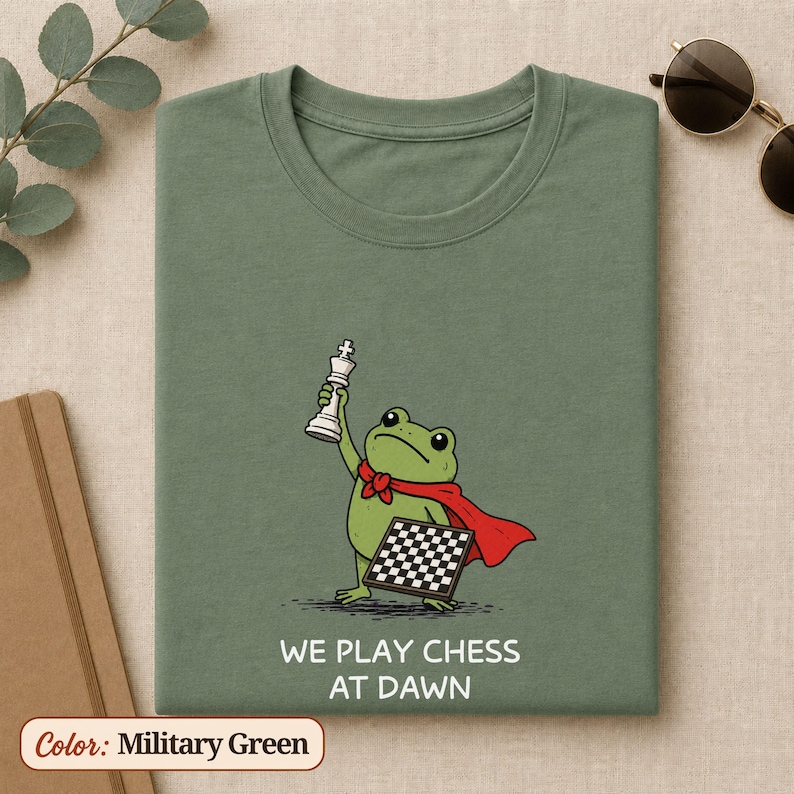 May include: A military green t-shirt featuring a graphic of a green frog wearing a red cape, holding a white chess king piece in one hand and a chessboard in the other. Below the frog, the text reads WE PLAY CHESS AT DAWN in white letters.