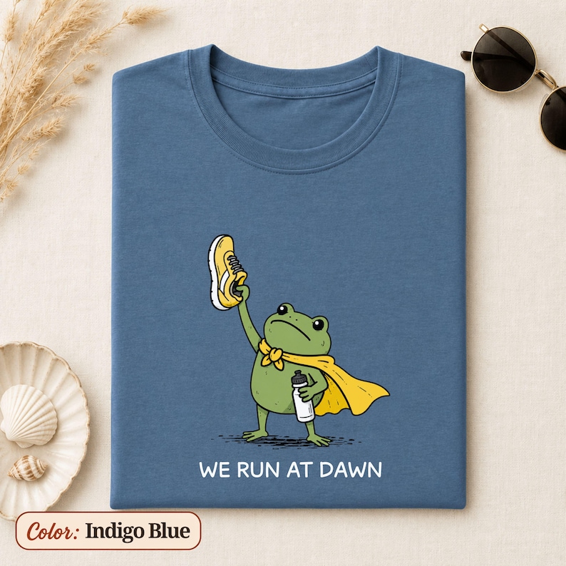 May include: An indigo blue t-shirt featuring a graphic of a green frog wearing a yellow cape, holding a yellow trainer in one hand and a white water bottle in the other, with the text "WE RUN AT DAWN" printed in white below the illustration.