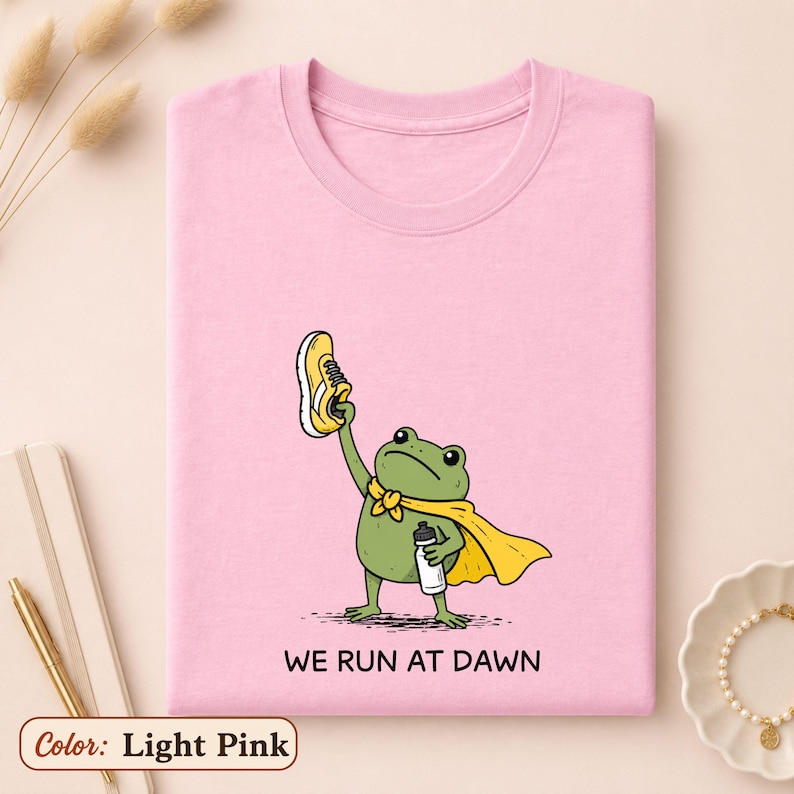 May include: A light pink t-shirt featuring a graphic of a green frog wearing a yellow cape, holding a yellow running shoe in one hand and a water bottle in the other. Below the frog, the text reads WE RUN AT DAWN in black capital letters.
