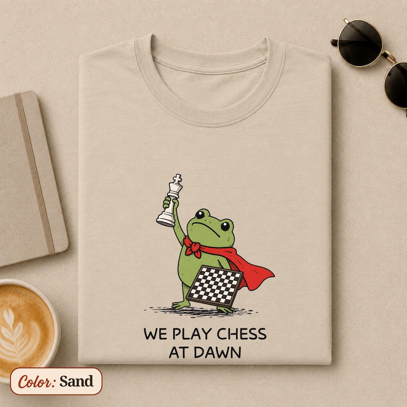 May include: A sand-colored t-shirt featuring a graphic of a green frog wearing a red cape, holding a white chess king piece and a chessboard. Below the illustration, the text reads: WE PLAY CHESS AT DAWN. The design is centered on the chest.