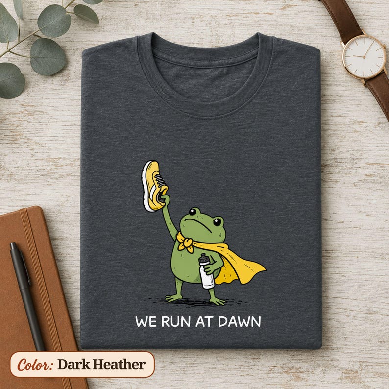 May include: A dark heather grey t-shirt featuring a green frog wearing a yellow cape, holding a yellow running shoe in one hand and a white water bottle in the other, with the white text "WE RUN AT DAWN" printed below the graphic illustration.