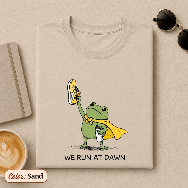 May include: A sand-coloured t-shirt featuring a graphic of a green frog wearing a yellow cape, holding a yellow running shoe in one hand and a water bottle in the other. Below the illustration, the text reads WE RUN AT DAWN in black letters.