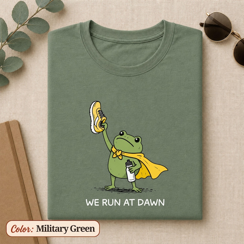 May include: A military green t-shirt featuring a graphic of a green frog wearing a yellow cape, holding a yellow trainer in one hand and a white water bottle in the other, with the text "WE RUN AT DAWN" printed in white below the illustration.