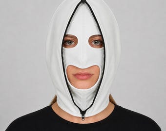Leather Look Full Face Mask, Zip Hood Costume, Adjustable Lace Up, Cosplay Prop