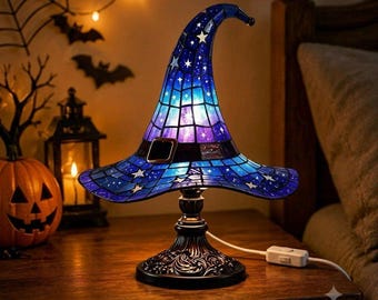 Halloween Witch Hat Lamp, Stained Glass Style Night Light, Gothic Fall Decor