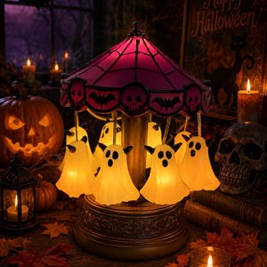 May include: A carousel-style lamp featuring a purple roof with a black spiderweb pattern, skull and bat accents, and multiple illuminated white ghost figures hanging from the canopy. The base is a solid, dark metallic color with ornate detailing.
