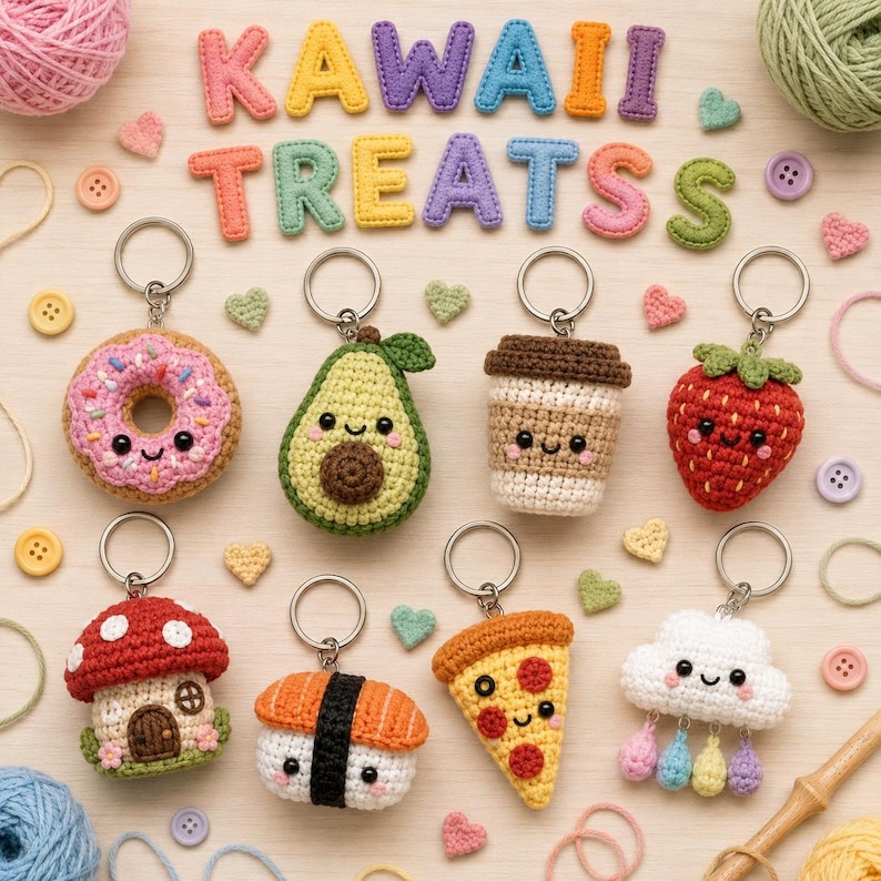 Nyckelringsvirkmönster Amigurumi Söta Djur Mat PDF-handledning DIY Gåva Små Projekt Samlingsset, Megapaket bild 4
