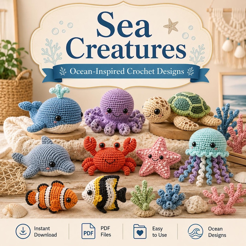 May include: A collection of crocheted sea creatures including a blue whale, purple octopus, green turtle, gray dolphin, red crab, pink starfish, orange clownfish, black and white angelfish, and a light blue jellyfish, with text reading Sea Creatures.
