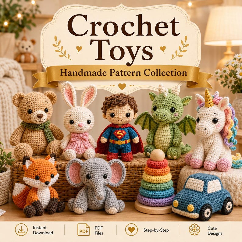 May include: A collection of crochet toys including a bear, rabbit, superhero figure, dragon, unicorn, fox, elephant, stacking rings, and a car. The image features the text "Crochet Toys" and "Handmade Pattern Collection" with icons for PDF files.