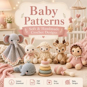 May include: A collection of handmade crochet items including an elephant lovey, a rabbit, a sheep, a deer, a doll, a whale, a stacking ring toy, and a rattle. The text reads Baby Patterns Soft & Handmade Crochet Designs, Instant Download, PDF Files, Easy to Use, Baby Designs.