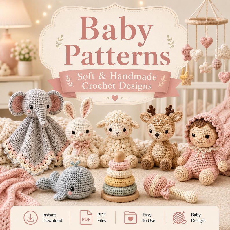 May include: A collection of handmade crochet items including an elephant lovey, a rabbit, a sheep, a deer, a doll, a whale, a stacking ring toy, and a rattle. The text reads Baby Patterns Soft & Handmade Crochet Designs, Instant Download, PDF Files, Easy to Use, Baby Designs.