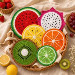 Può includere: Una collezione di sottobicchieri colorati all'uncinetto a forma di frutta. Il set comprende disegni di anguria, frutto del drago, limone, arancia, kiwi e lime. I sottobicchieri sono disposti in un cestino di vimini.