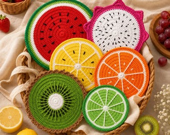 Handmade Crochet Fruit Coasters – Watermelon, Lemon, Orange, Kiwi, Dragon Fruit Set – Kitchen Decor