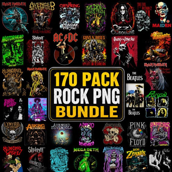 170+ Vintage Rock Graphic Bundle PNG | Heavy Metal Shirt Design | Grunge Aesthetic Poster | Retro Concert Bootleg | Gothic Skull Art Clipart