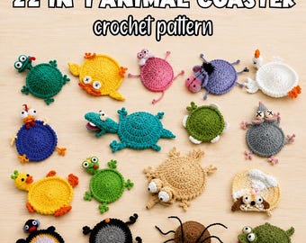 Modèles de sous-verre animaux au crochet 22 en 1, lot de mugs, porte-gobelet animaux (PDF + TUTORIEL VIDÉO)