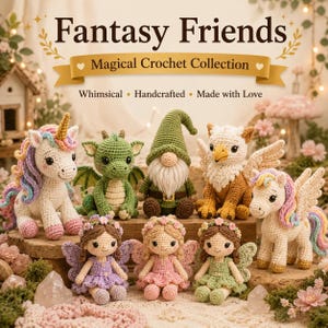 May include: A collection of crochet figures including a unicorn, a green dragon, a gnome, a griffin, a winged unicorn, and three fairies with flower crowns. The text reads Fantasy Friends, Magical Crochet Collection, Whimsical, Handcrafted, Made with Love.