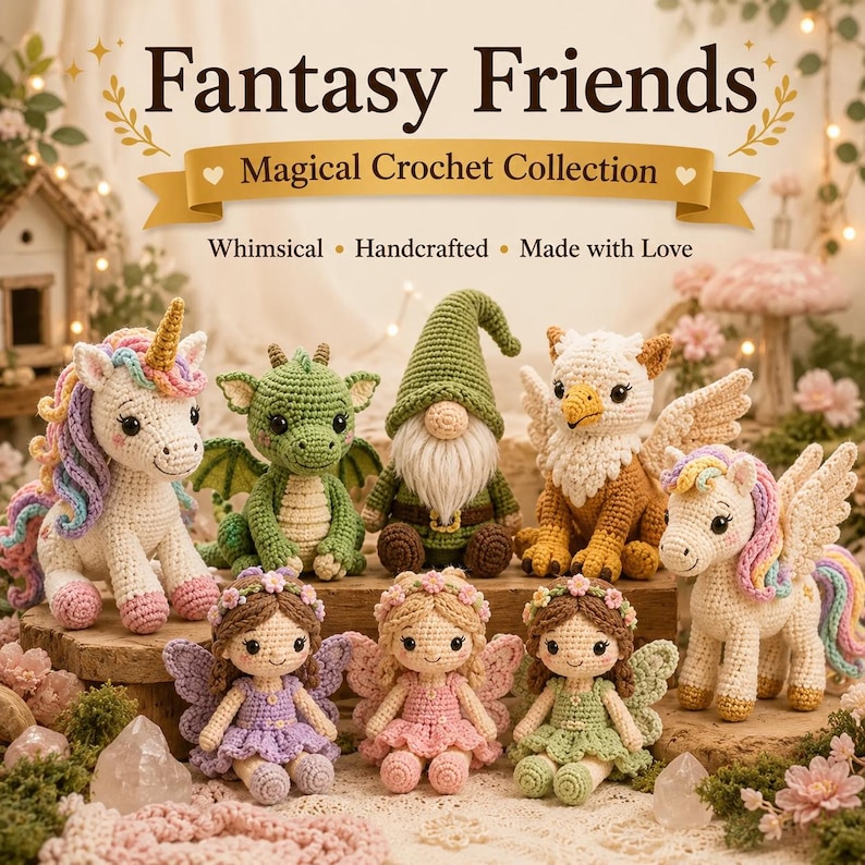 May include: A collection of crochet figures including a unicorn, a green dragon, a gnome, a griffin, a winged unicorn, and three fairies with flower crowns. The text reads Fantasy Friends, Magical Crochet Collection, Whimsical, Handcrafted, Made with Love.