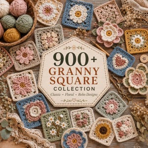 May include: A selection of colourful crochet granny squares in floral and geometric patterns. The image includes a sign reading "900+ Granny Square Collection" with "Classic, Floral, Boho Designs" underneath. Balls of yarn and crochet tools are also present.