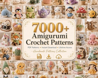 Può includere: Una collezione di oltre 7000 schemi per uncinetto amigurumi presentati come pacchetto PDF digitale. L'immagine presenta un cartello centrale con il testo 7000+ Amigurumi Crochet Patterns circondato da varie figure all'uncinetto.