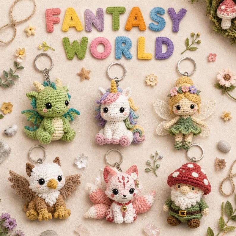 Nyckelringsvirkmönster Amigurumi Söta Djur Mat PDF-handledning DIY Gåva Små Projekt Samlingsset, Megapaket bild 7
