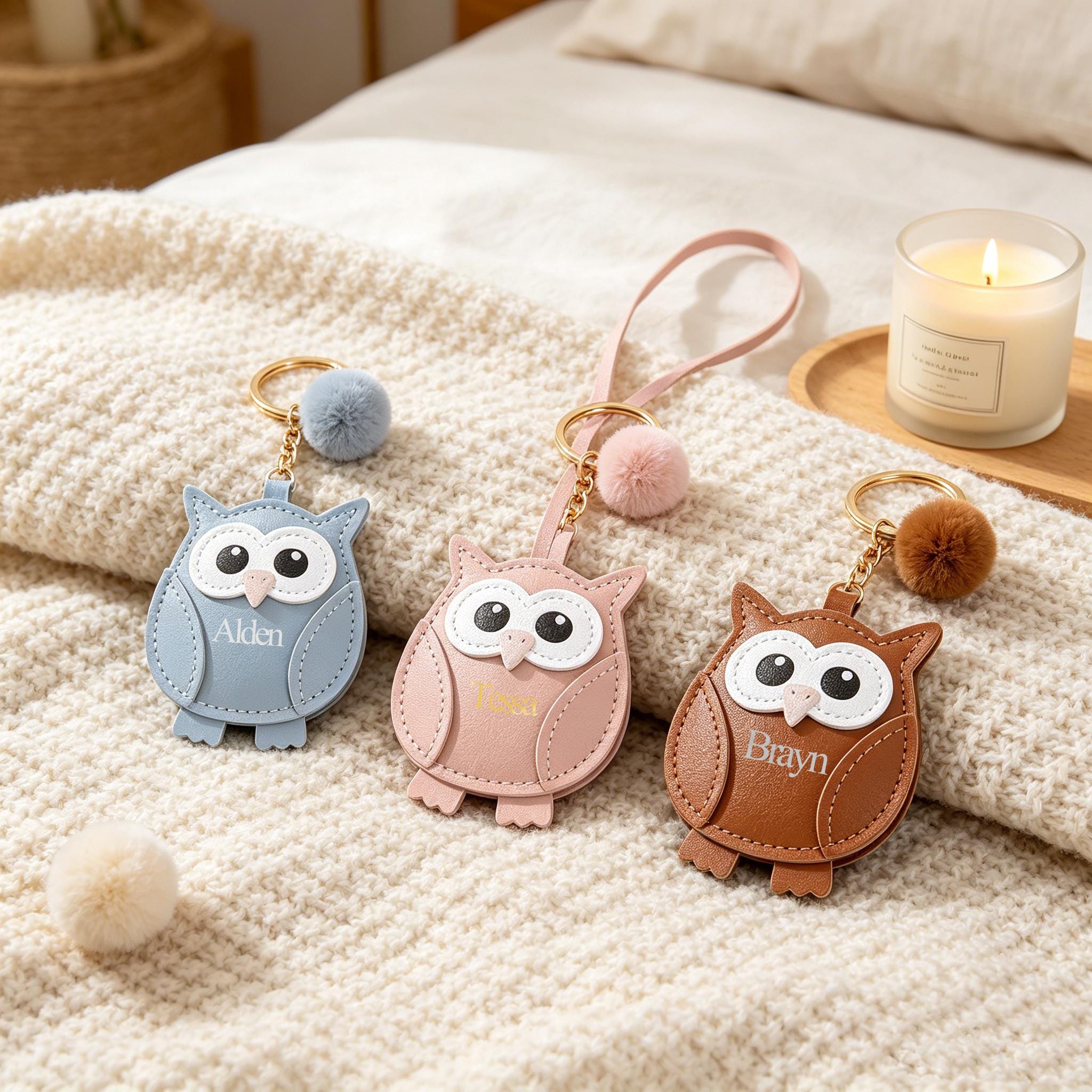 Cute Owl Shaped Keychain, Engraved Name Stainless Steel Unisex Decor